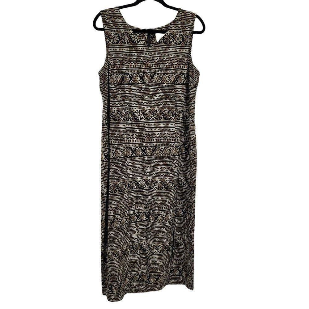 Vtg‎ Tribal Print Maxi Dress Sz L Army Green Front Slit Resort Vacation Neutral
